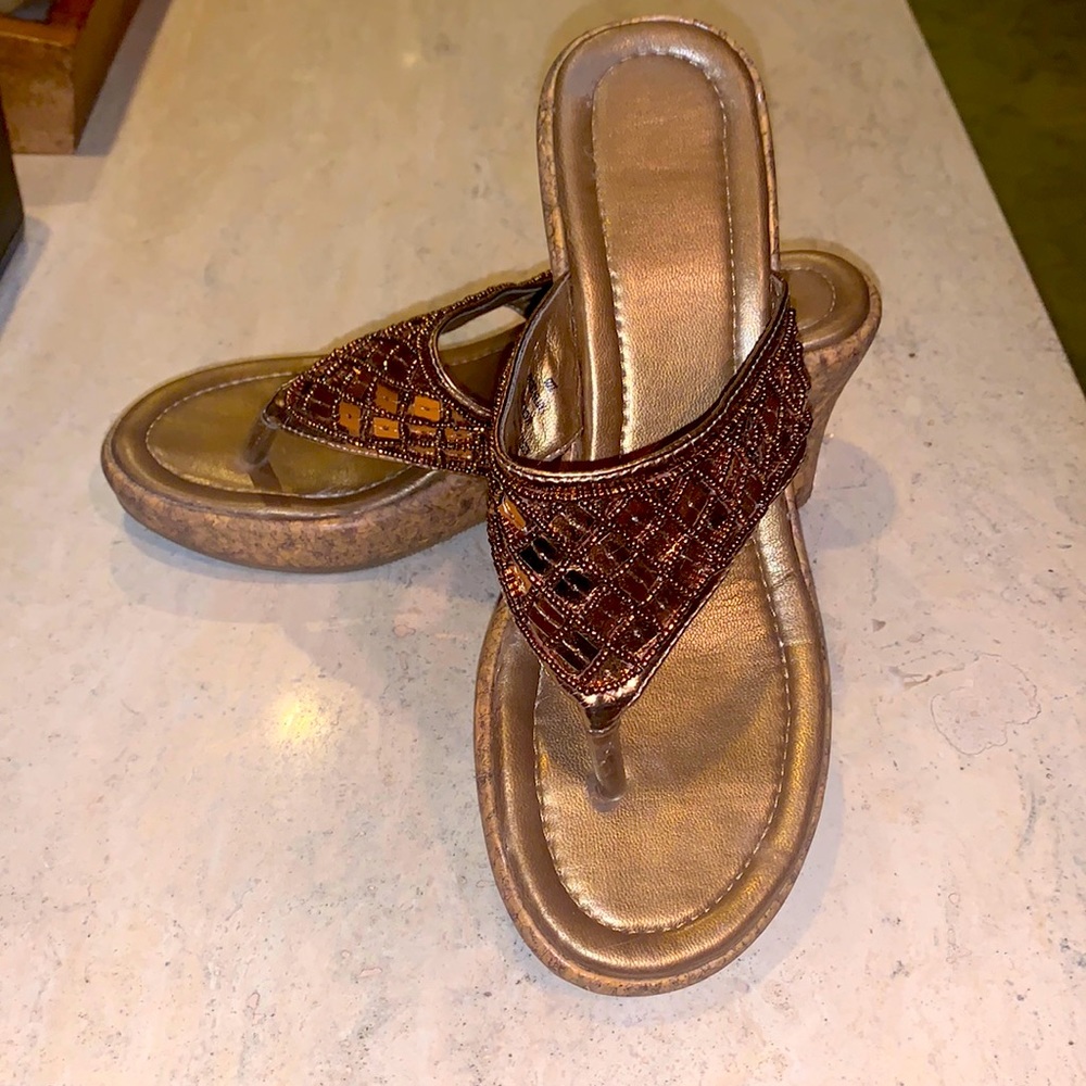 Bronze cork wedge sandles